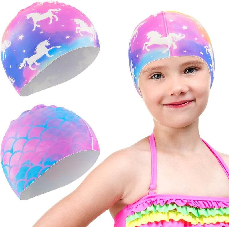 WAWSAM 2 Pack Kids Swim Cap Silicone Waterproof Swim Caps for Boys Girls (3-8 Years) Unicorn Mermaid Design Swimming Cap for Kids 3-8 Long and Short Hair - Image 1